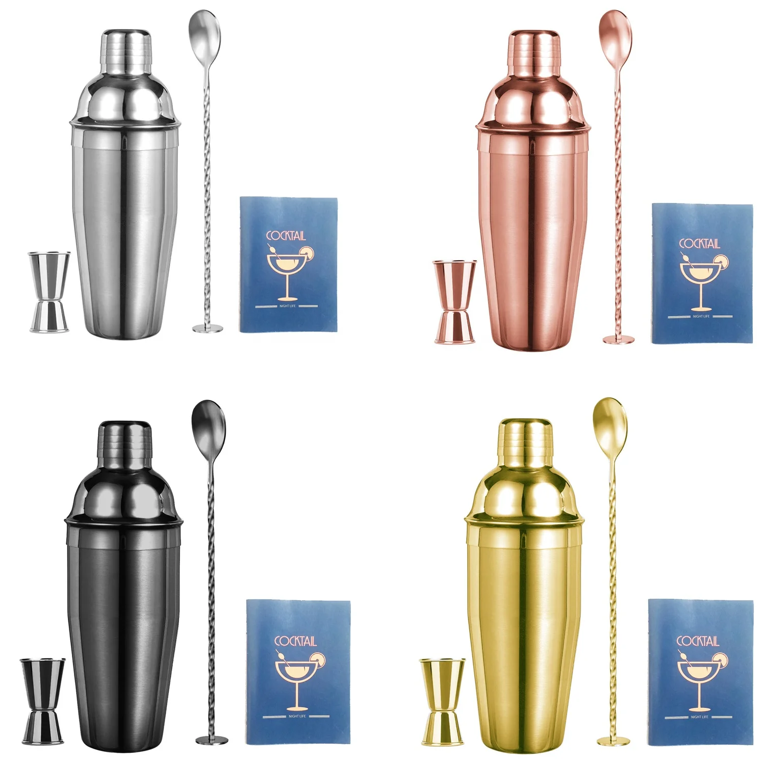 CAMOL 4 Pieces Cocktail Shaker Set with Accessories Barware Drink Shaker Built in Strainer 25oz Bar Tool Set with Recipe Custom
