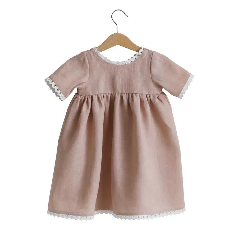 New fashion kids shorrt sleeve dress plain linen 4 year old girl dress
