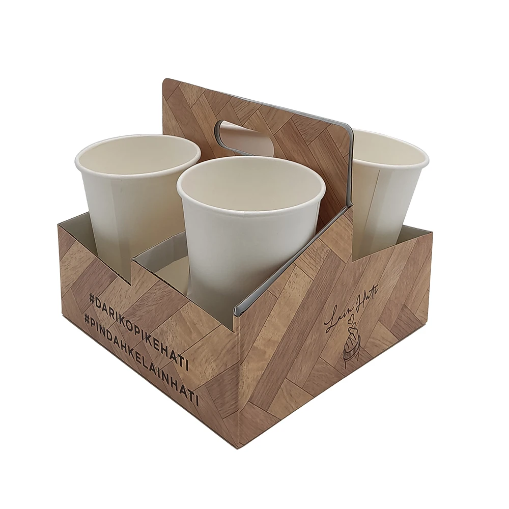 Wholesale Brown Sturdy Paper Box for Grocery Store Drink Container Box for Restaurant 4 Pack Coffee Beverage Takeout Paper Box