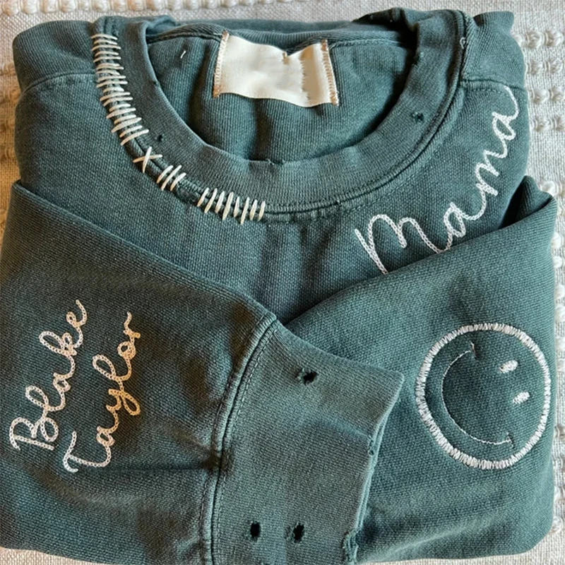 Customized Distressed Sweatshirt with Embroidered Collar Handmade OEM Service Custom Hoodie 1 Piece Knitted Fabric Unisex