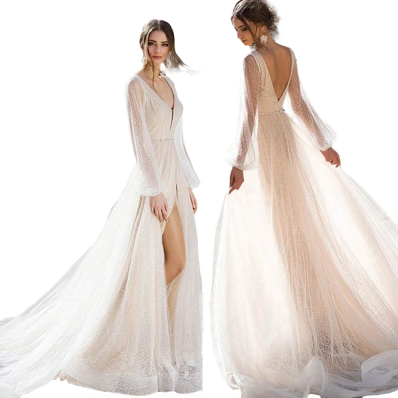 Женское платье с длинным рукавом в европейском и американском стиле, сексуальное платье с глубоким v-образным вырезом и открытой спиной, Прямая поставка