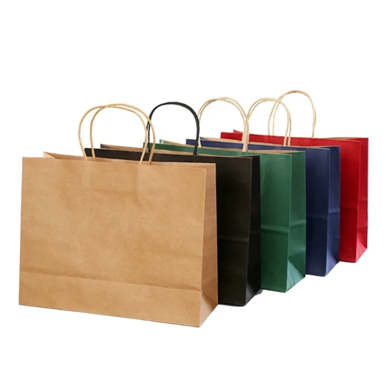 Custom Design Colorful Compostable Cut Handle Restaurant Food Takeaway Packaging Shopping Tote Kraft Paper Bag