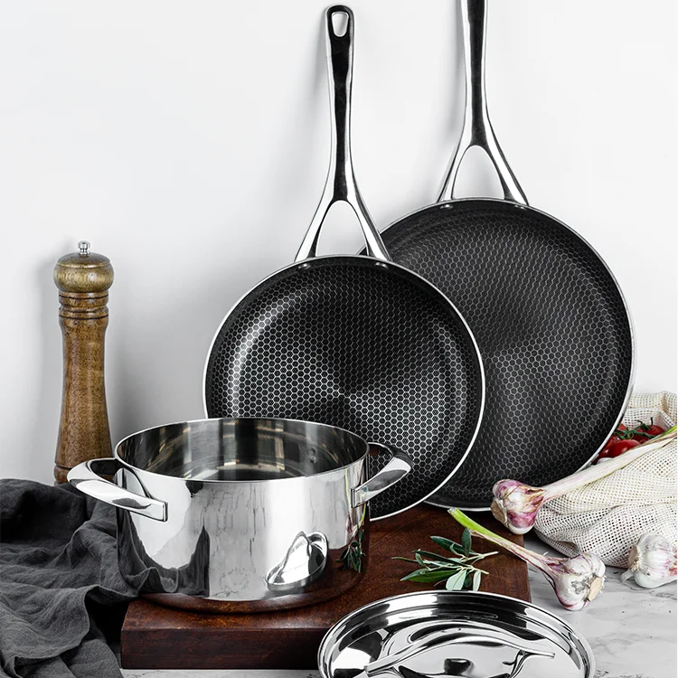 Top Quality Triply Stainless Steel Honeycomb Casserole Wok Pan Non Stick Cookware Set Cooking Hot Pot