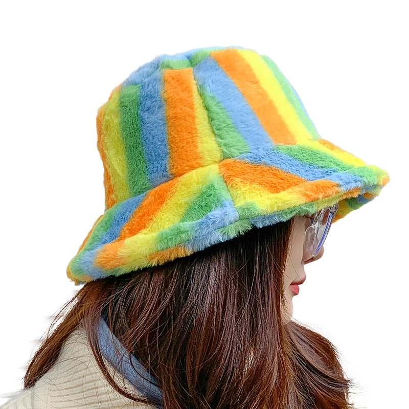 .2022 Faux Fur Bucket Hat For Women Winter Thicken Warm Rainbow Colorful Striped Luxury Bucket Hat