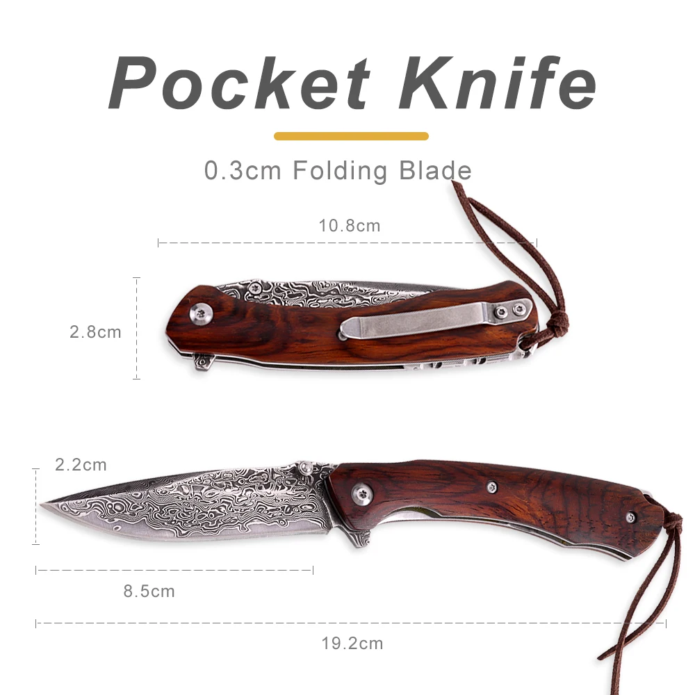
Handmade Yellow Sandalwood Handle Damascus Steel Outdoor Camping Survival EDC Folding Pocket knife 