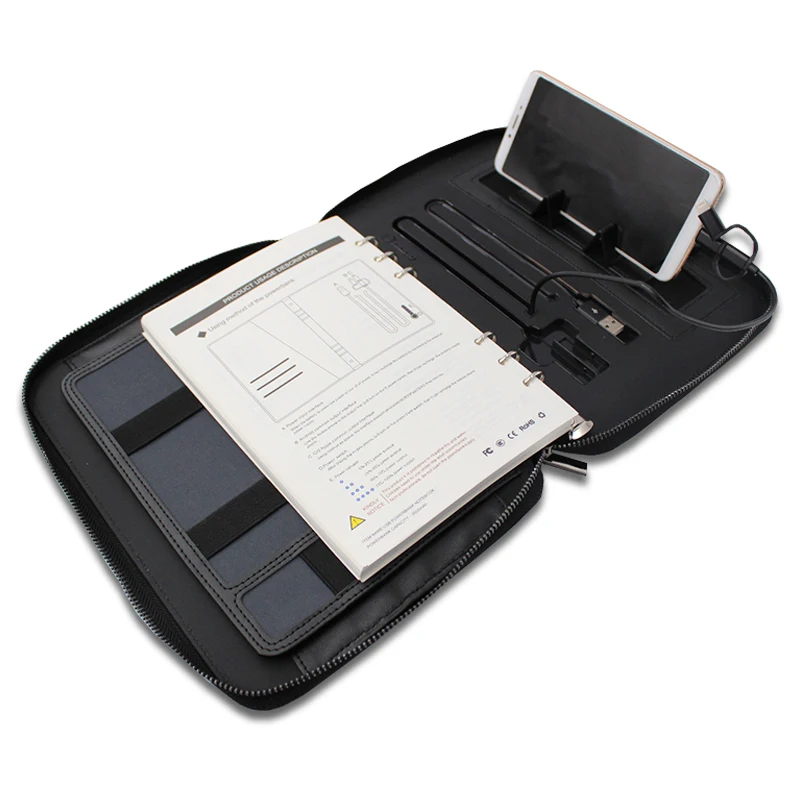 A5 Leather Notebook with Zipper Wireless Power Bank Portfolio File Folder Men Leather Powerbank Spiral / for Business Office