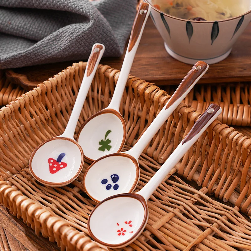 Japanese Style Long Handled Ceramic Soup Spoon Restaurant Household Baby Soup Spoon