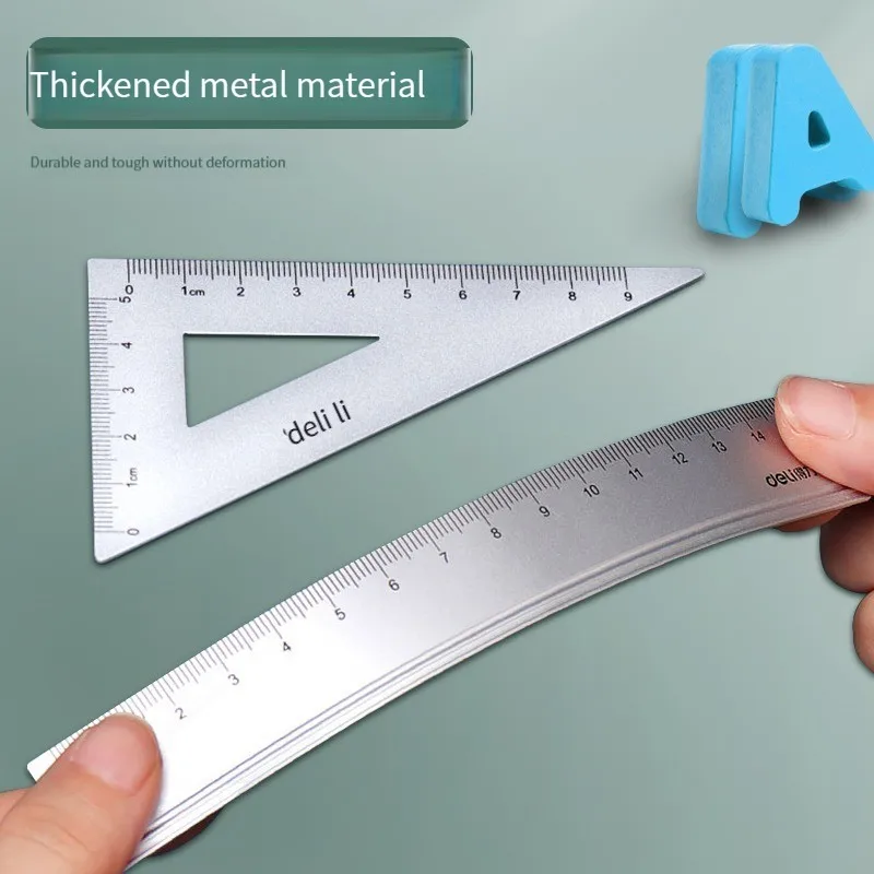 Deli 65216 Color metal ruler for students four-piece ruler multifunctional protractor aluminum geometric drawing High qualityrul