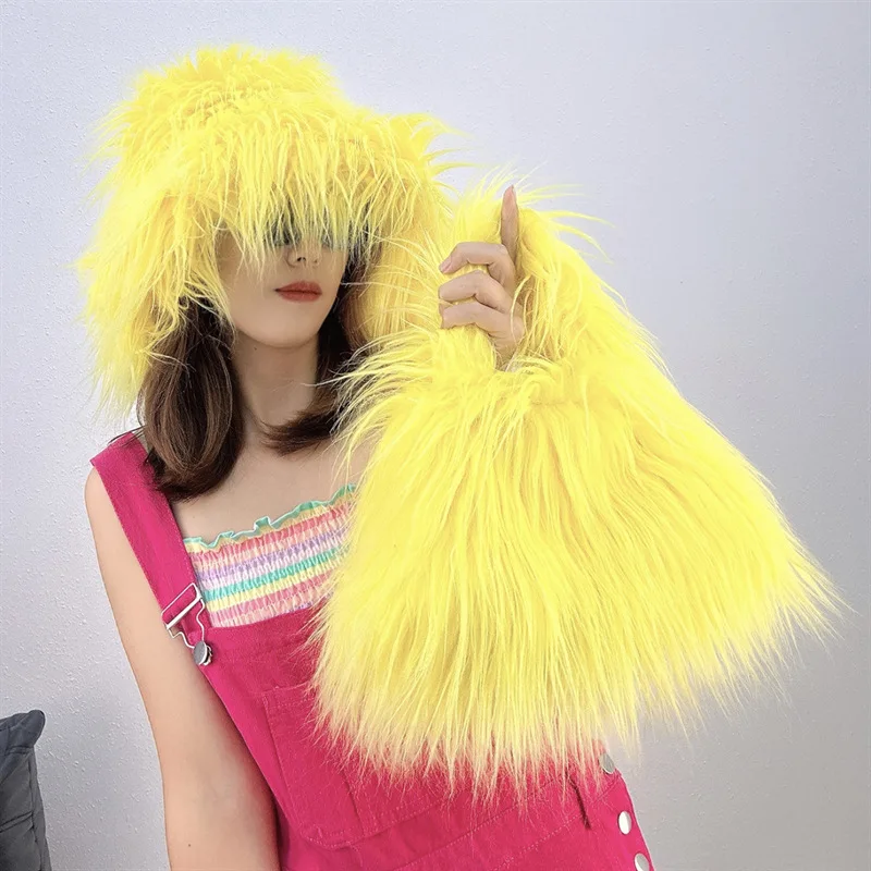 Autumn Winter Fashion Women Warm Rainbow Faux Fur Female Ladies Casual Party Bucket hat Music Festival Thickened Hat