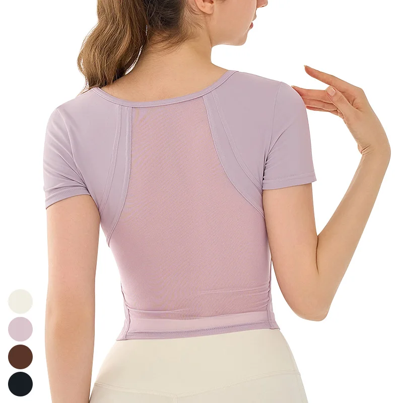 Quick Dry Running Fit T-shirt Back Mesh Breathable Sports Tops U Neck Gym Fitness Shirts Short Sleeve Yoga T Shirt For Women