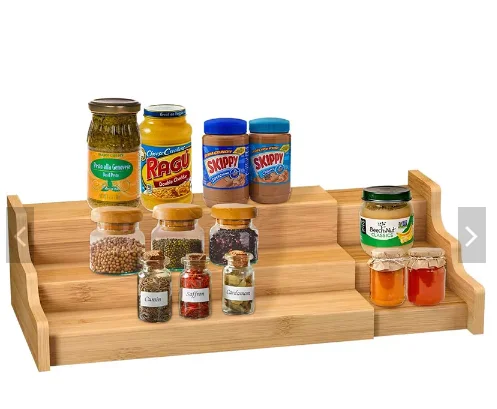 Kitchen 3-Tier Expandable Cabinet Step Shelf Spice Holder Organizer Bamboo Spice Extendable Rack Shelf for Spice Seasoning Jar