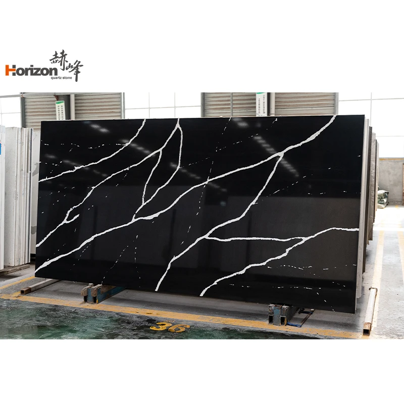 Horizon calacatta black quartz slabs faux marble stone pure black artificial quartz stone big slabs calacatta countertops quartz