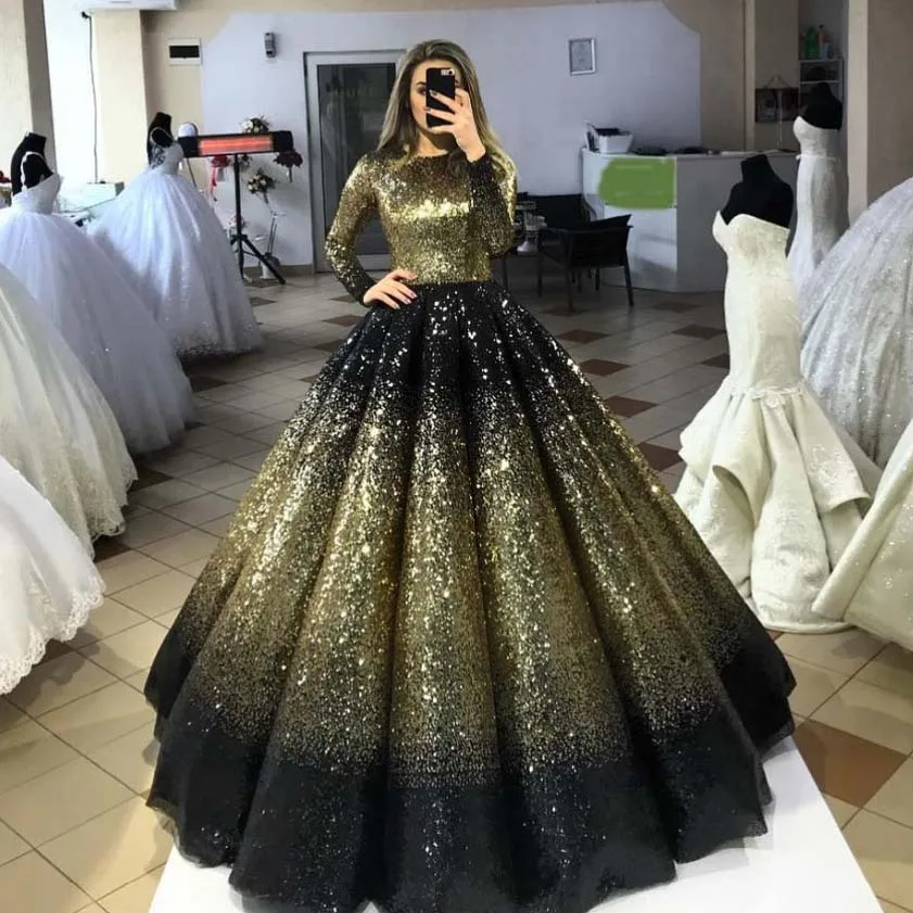 
ELPR0000795 2020 golden black evening dress luxury sequin beading evening dress ball gown 