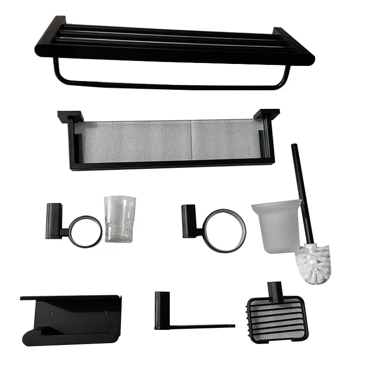 Black Bathroom Hanger 7-Piece Set Towel Shelf Wall-Mounted Bathroom Accessories Sets For Hotel