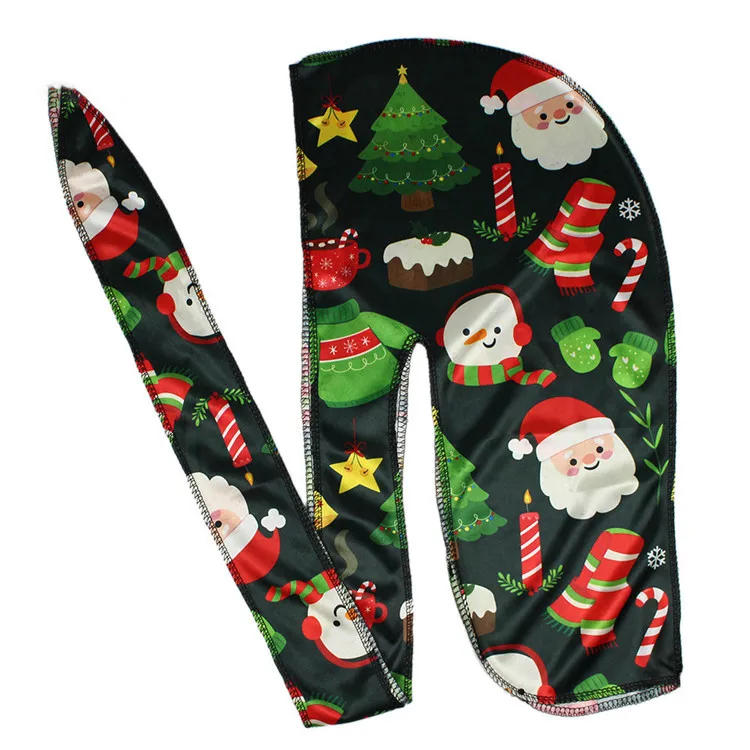 High Quality Custom Printing Durags External Stitch Unisex Silky Soft Christmas Printed Durag Waves Extra Long Straps Doo Rag