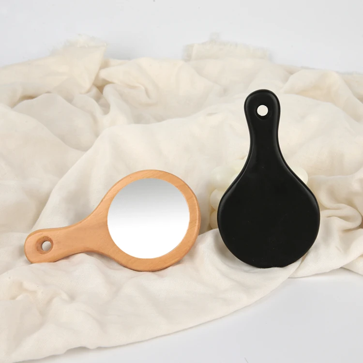 Custom Logo Small Portable Wood Makeup Mirror Handle Round Cosmetic Mirror Wooden Handheld Mirror With Customized Your Package