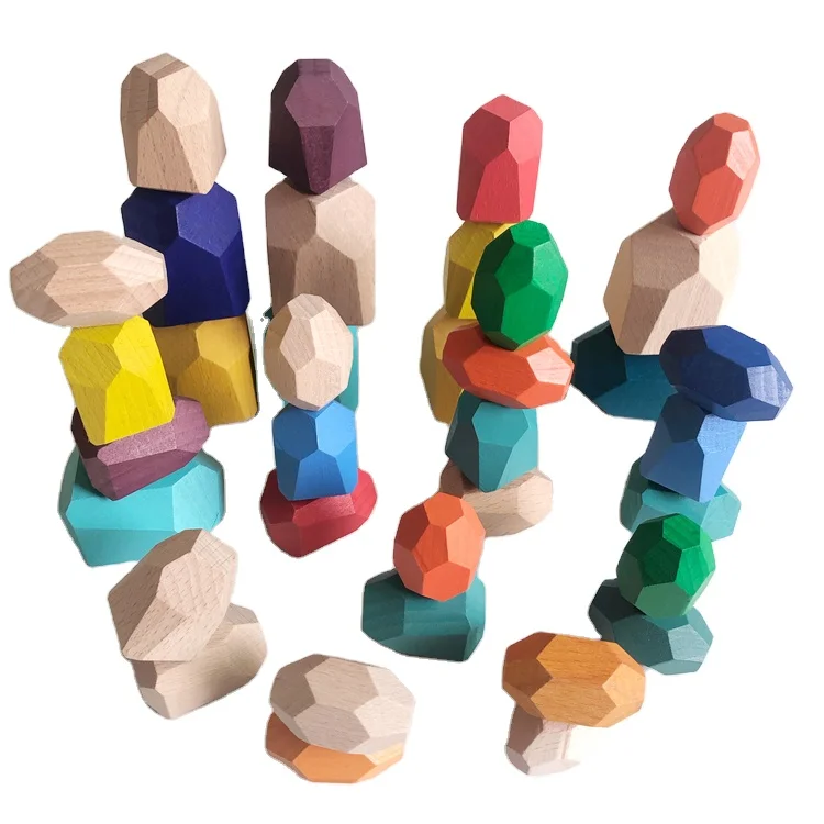 36 PCs Wooden Sorting Stacking Balancing Stone Rocks Educational Preschool Learning Toys Large Small Building Blocks Game Stones
