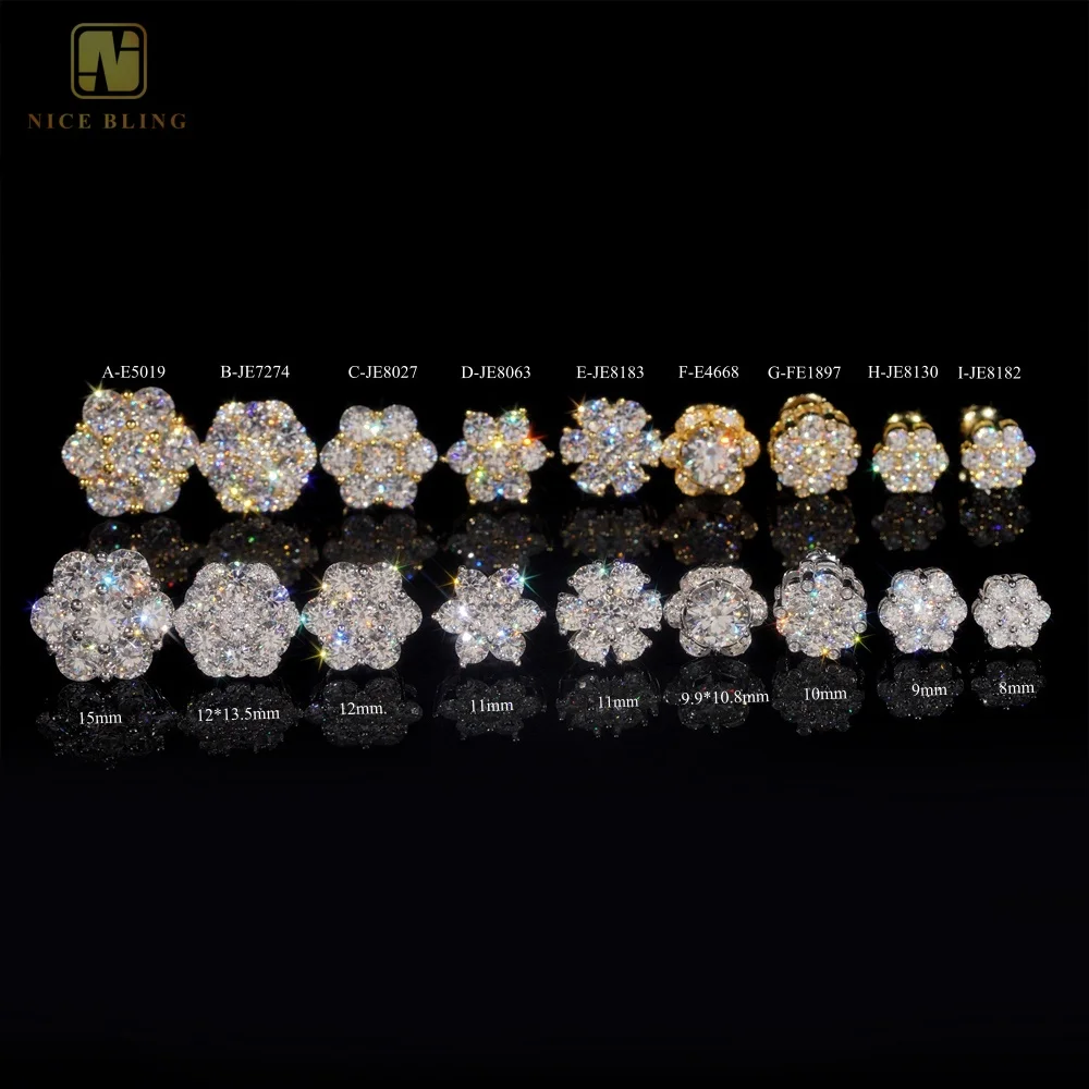 Hot Sale Pass Diamond Tester Hip Hop 925 Silver Gold Plated VVS Diamond Moissanite Flower Stud Earrings Cluster
