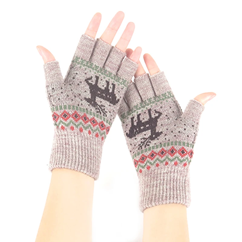2021 Women Print knitted soft warm half finger wool winter warm  gloves