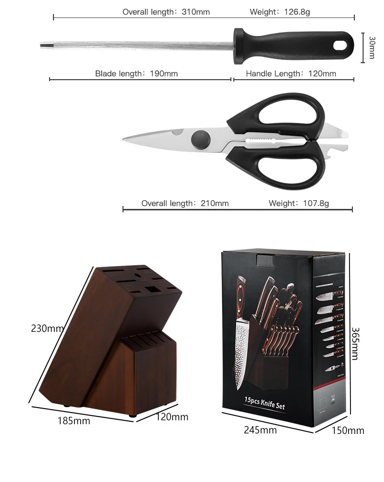 Hammered mirror chef knives with Block Premier 15Pcs Kitchen Knives Set Rosewood Handle Kitchen Knife Set