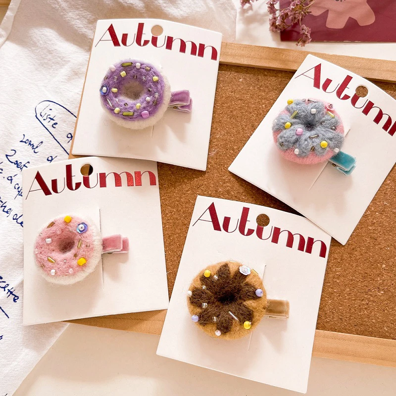 MIO Donut wool felt hair clips handmade hair pins with small beads kids girls hairpins wholesale trendy accessories