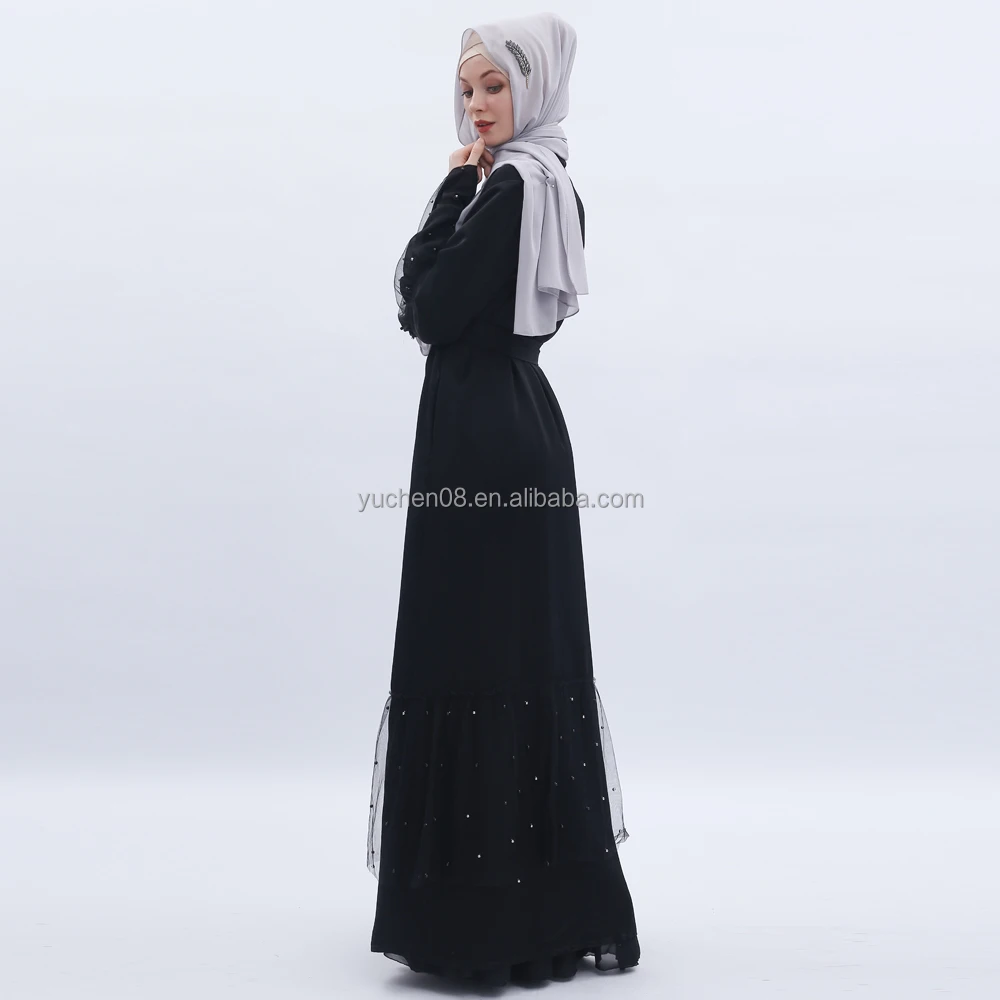 New trumpet sleeve soild black chiffon fabric plain black with  pearl  kimono islamic abaya