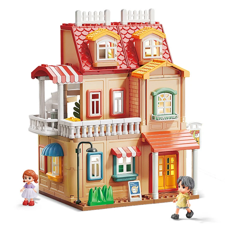amazon hot selling 3-story Big doll houses with light & high quality play baby dolls house stuff for girls indoor kids toys