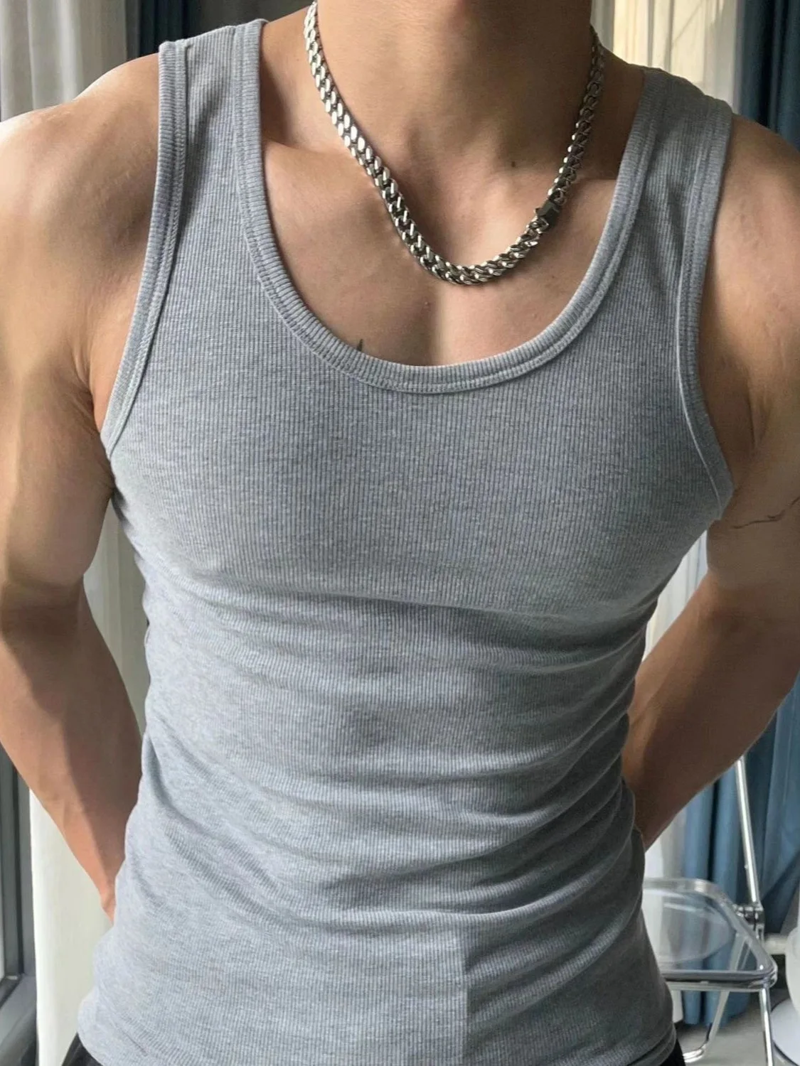 Stripe Simple Knit Cotton Vest Sleeveless Hemp Gray Solid Color Vest Slim Fit Unisex Base Training Vest Top
