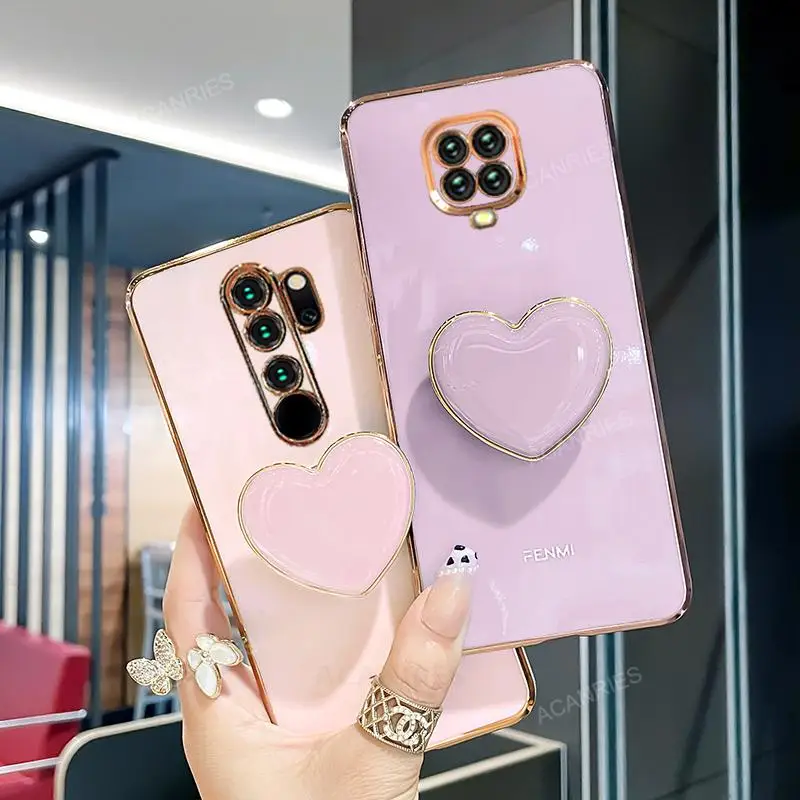 Phone Case On For Xiaomi redmi note 9 8 7 pro 9s note9 s note8 2021 Plating Love Heart Fold Holder Luxury Stand Silicone Cover