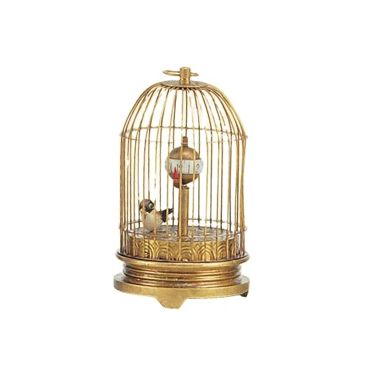 Large Vintage Interesting Wind Up Brass Cloisonne Floral Base Birdcage Bird Mechanical Table Clock for Collection, decoration
