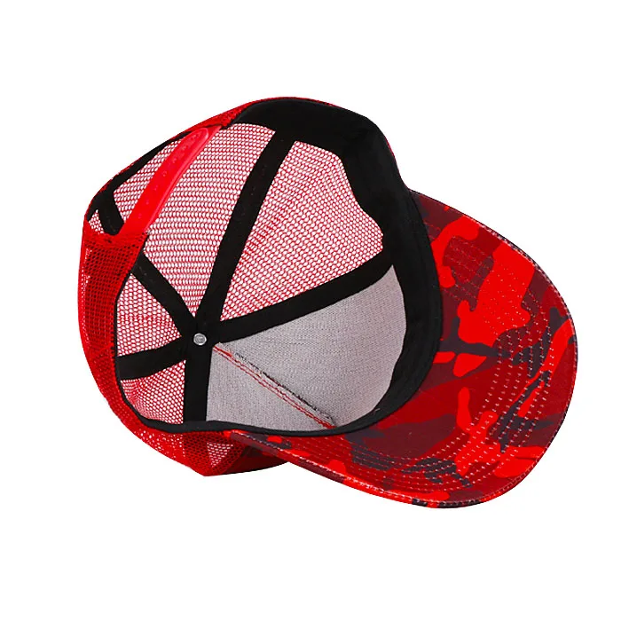 Street wear 5 panel red mesh cap designer trucker cap logo custom screen print cotton camo trucker hats