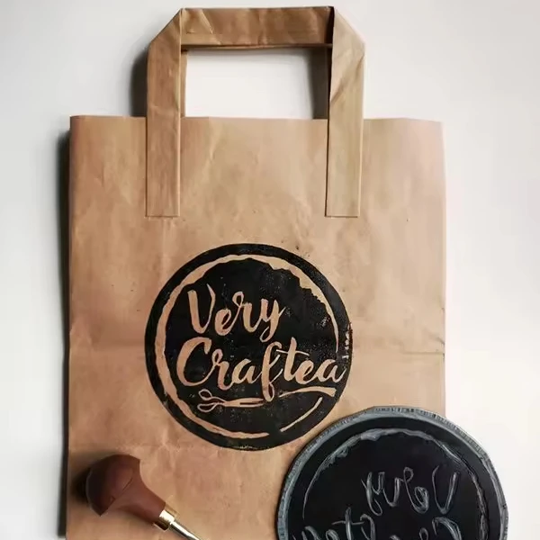 Takeout Die Cut Handle Kraft Paper Tote Bags Grocery Shopping D Cut Paper Bag For Restaurant Bakery, Food Takeaway Paper Bag