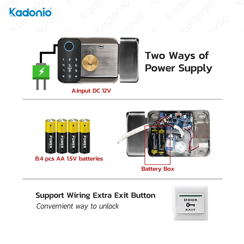 Kadonio Electronic Tuya WiFi APP Remote Control Digital Double Keypad Fingerprint Rim Smart Gate Lock For Door