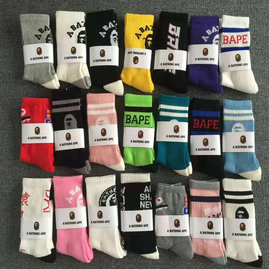 Color Nylon Cotton Polyester Fiber Sport Socks Logo White Black Gray Casual Men Bape Socks