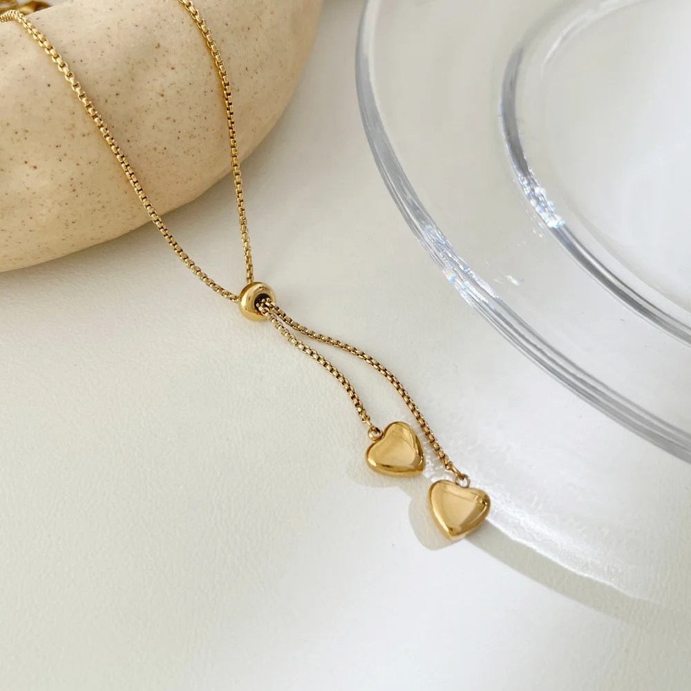 Elegant Adjustable Movable Lariat Stainless Steel 18K Gold Necklace Women Dainty Heart Pendant Box Chain Choker Romantic Jewelry