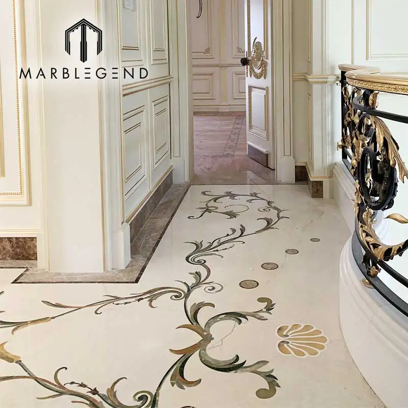 Luxury rectangle flooring stone decoration classic flower water jet marble inlay for hallway