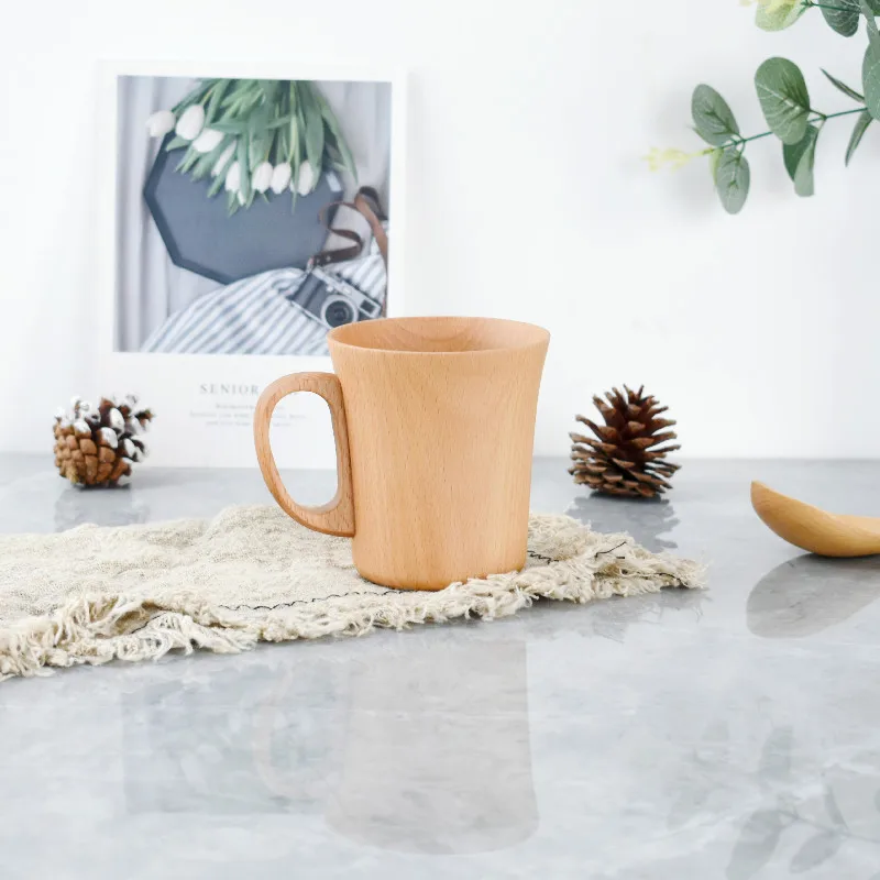 Wholesale Custom 350ml Handmade Wood Tea Cup Portable Reusable Natural Wooden Coffee Mug with Handle