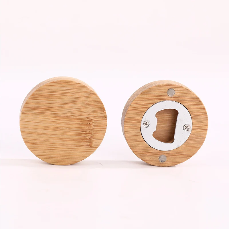 Custom logo eco friendly nature bamboo bottle opener bar tools round bamboo bottle opener magnet