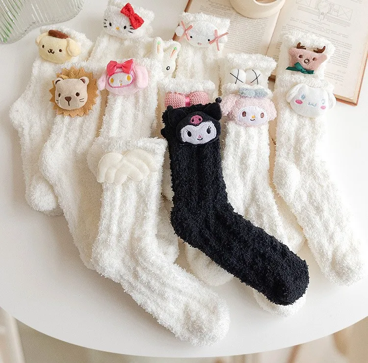 Manufacturer Wholesale High Quality Cartoon SanrioHello Kitty Socks Coral Fleece Socks White Lolita Cute Cartoon Sleep Socks