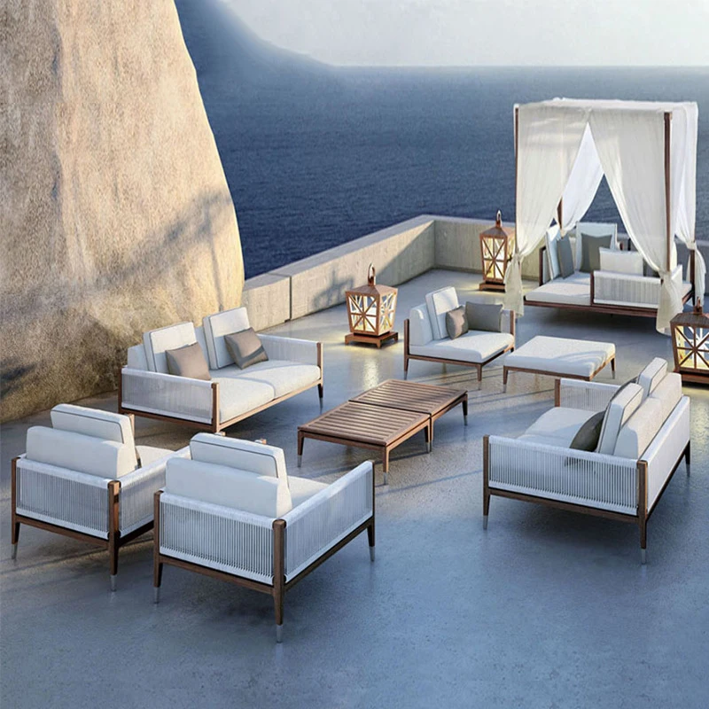 Outdoor teak solid wood furniture villa leisure sofa set rattan garden patio furniture can be customized