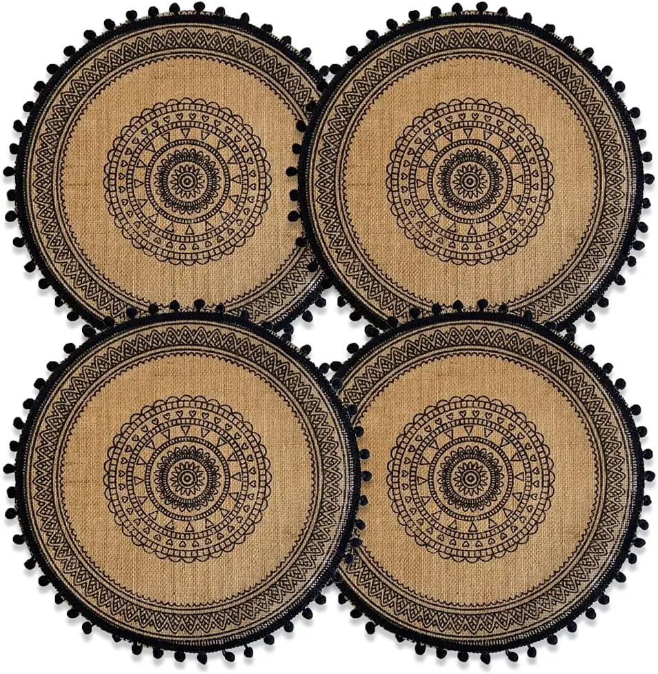 Boho Round Paper Placemat Heat Resistant Non-slip Place Mat Durable Woven Wipeable Holiday Party Dining Table Mat