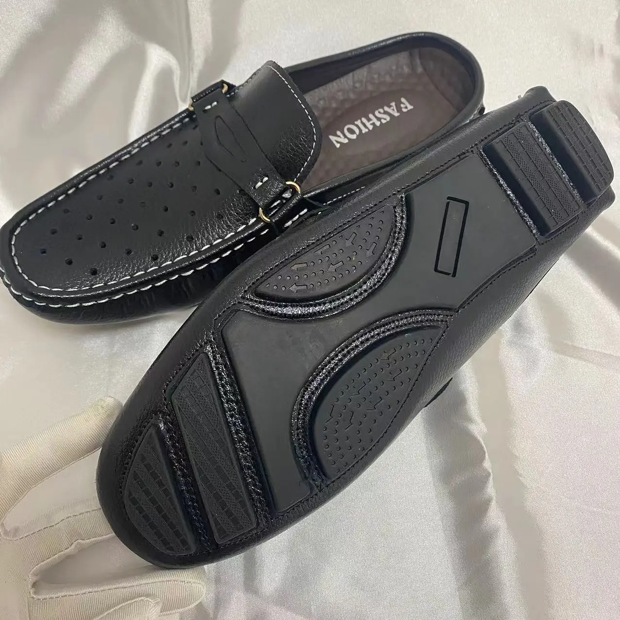 Plus size genuine Leather Mens Slipper Outdoor Moccasins Empty Back Loafer Man Slides walking Shoes customize logo 38-46