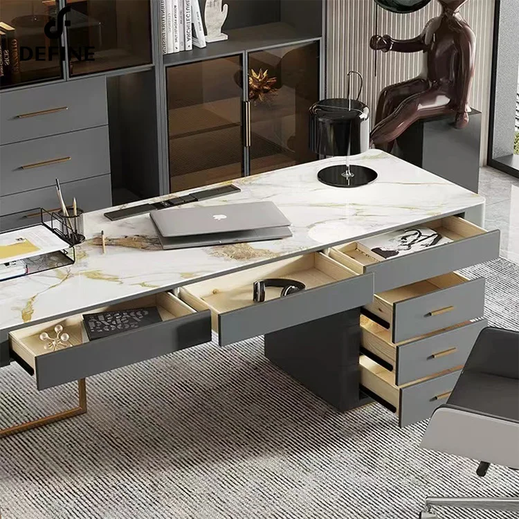 B Wooden Luxury Office Table Office Furniture Modern Luxury Design White Marble Home Office Desk With Side Board