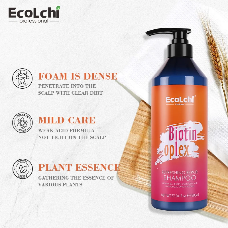 Ecolchi оптовая продажа натуральный органический увлажняющий биотиновый шампунь без сульфата уход за выпадением волос Кератиновое аргановое масло для