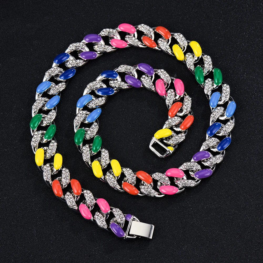 Hip-hop Enamel Rhinestone Colorful Chain Link For Men Miami Punk Pig Nose Cuban Necklace Luxury Crystal Bracelet Jewelry Gift