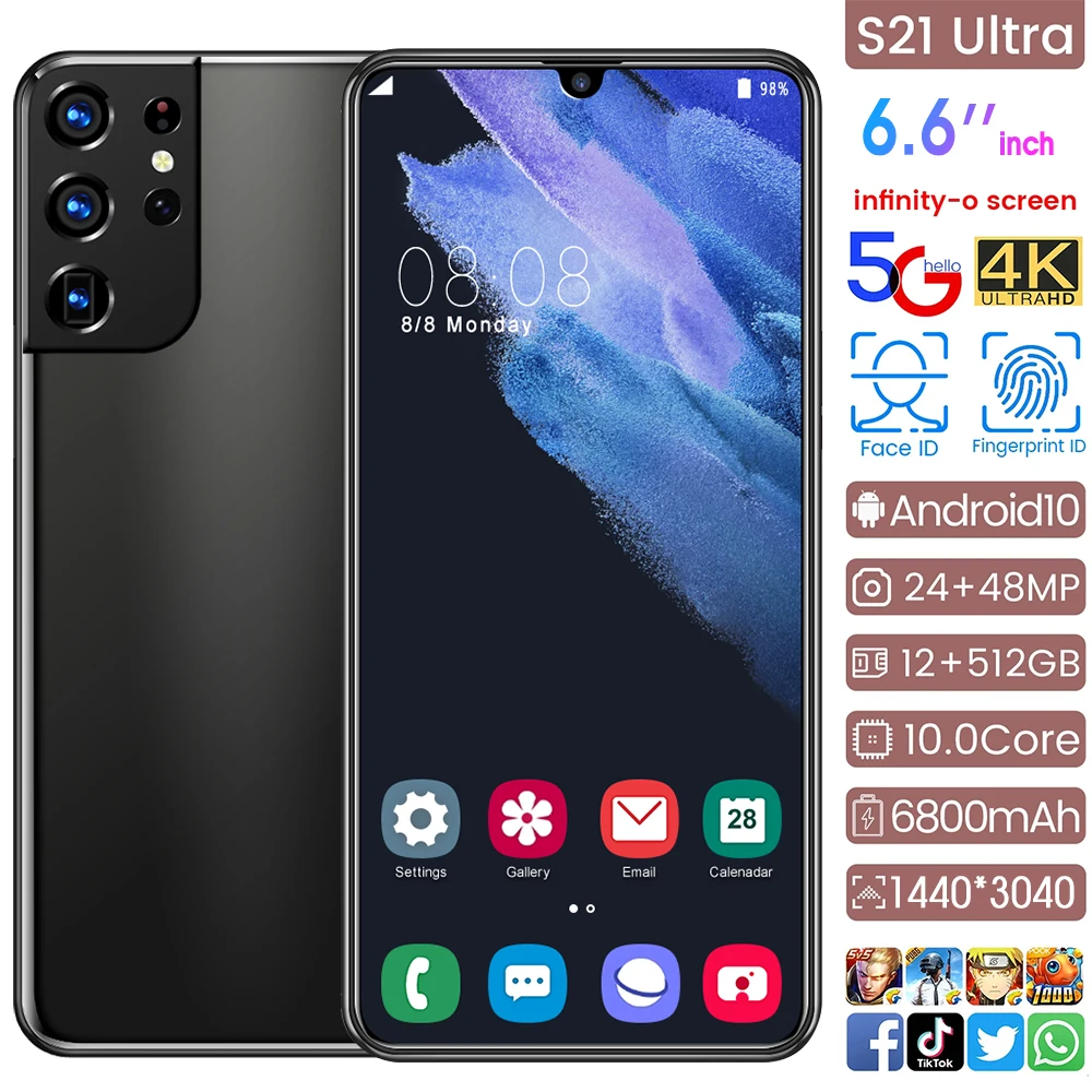 6.8 inch 4G Smartphone 12gb+512gb Full Screen Finger face Unclock Cell phone Mobile Phone