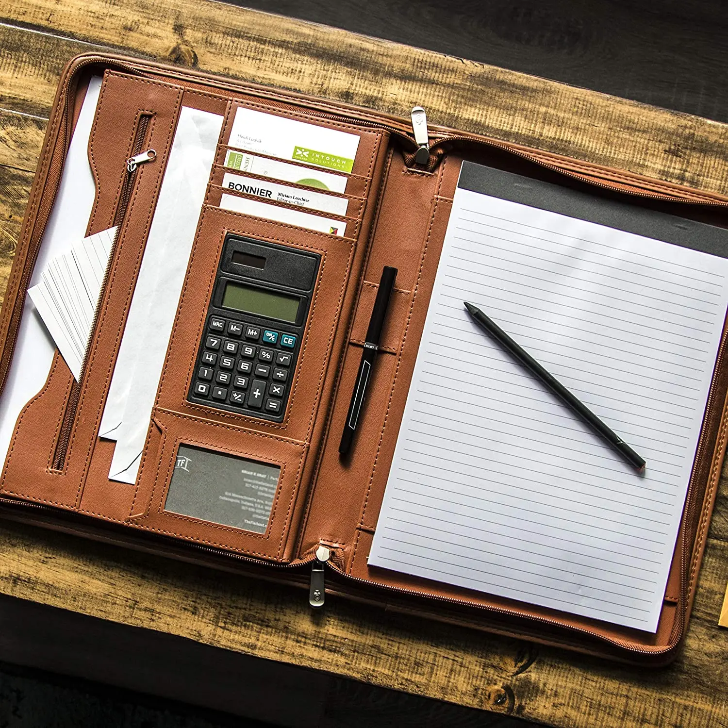 Portable Professional Business Portfolio Folder Document Case Organizer A4 PU Leather Zippered Closure with Calculator