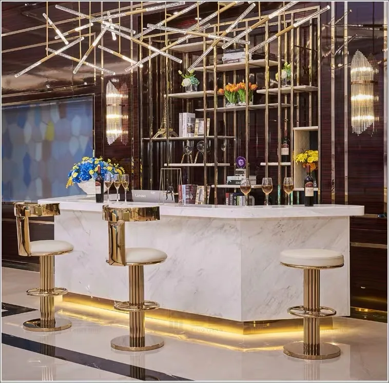 Home furniture modern T shape back stainless steel gold leather stool bar vintage barstool chairs high stool bar chair