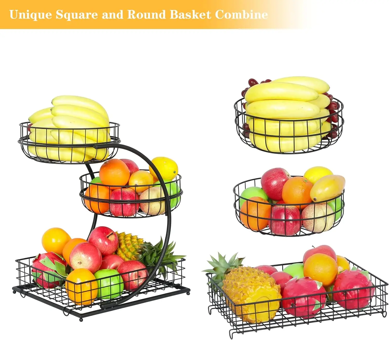 New Design Fruit Vegetable Basket Metal Fruit Basket with Banana Hanger 3 Tiers Wire Fruit Basket for Kitchen