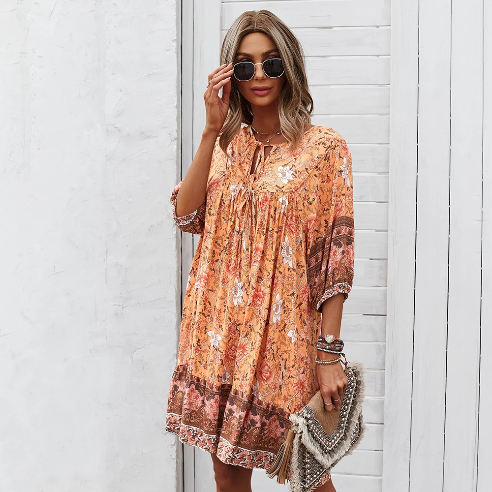 Custom Print Bohemian Dress Wholesale Dresses Women Floral Dress Boho Style